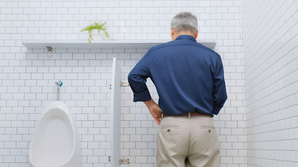 Homem fazendo força para urinar depois dos 50 anos