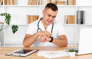 Médico olhando no relógio para introduzir o assunto "quanto tempo leva para voltar à rotina após a cirurgia de HoLEP".