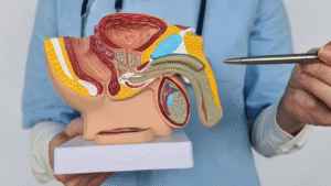 Médico explicando com uma peça anatômica o que é o HoLEP.