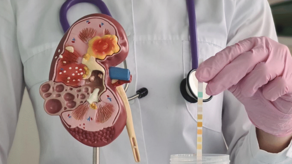 Médico explicando com uma peça anatômica porque a bexiga não esvazia totalmente.