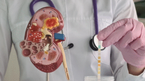 Médico explicando com uma peça anatômica porque a bexiga não esvazia totalmente.