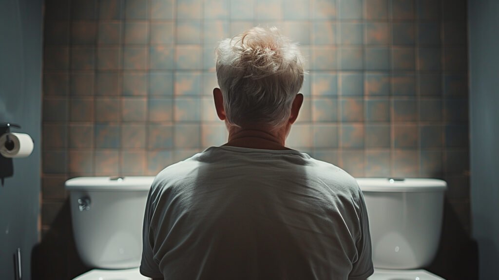 Homem de frente para o banheiro, pensando na sua vontade de urinar frequente.