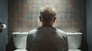 Homem de frente para o banheiro, pensando na sua vontade de urinar frequente.