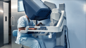 Médico operando o robô para a cirurgia robótica da próstata