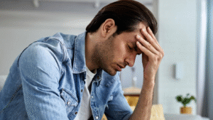 Homem preocupado, pensando nos riscos do HoLEP