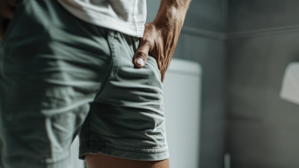 Homem incomodado com o gotejamento pós-micção