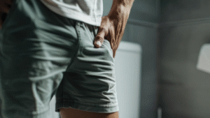 Homem incomodado com o gotejamento pós-micção