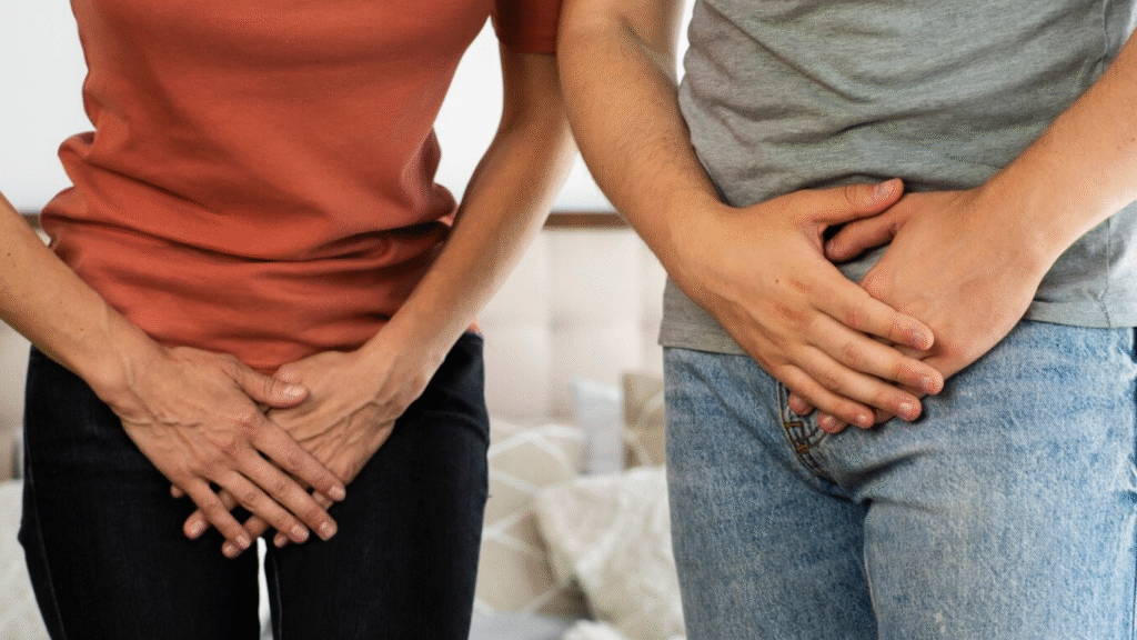 Homem e mulher com a bexiga cheia mesmo depois de urinar